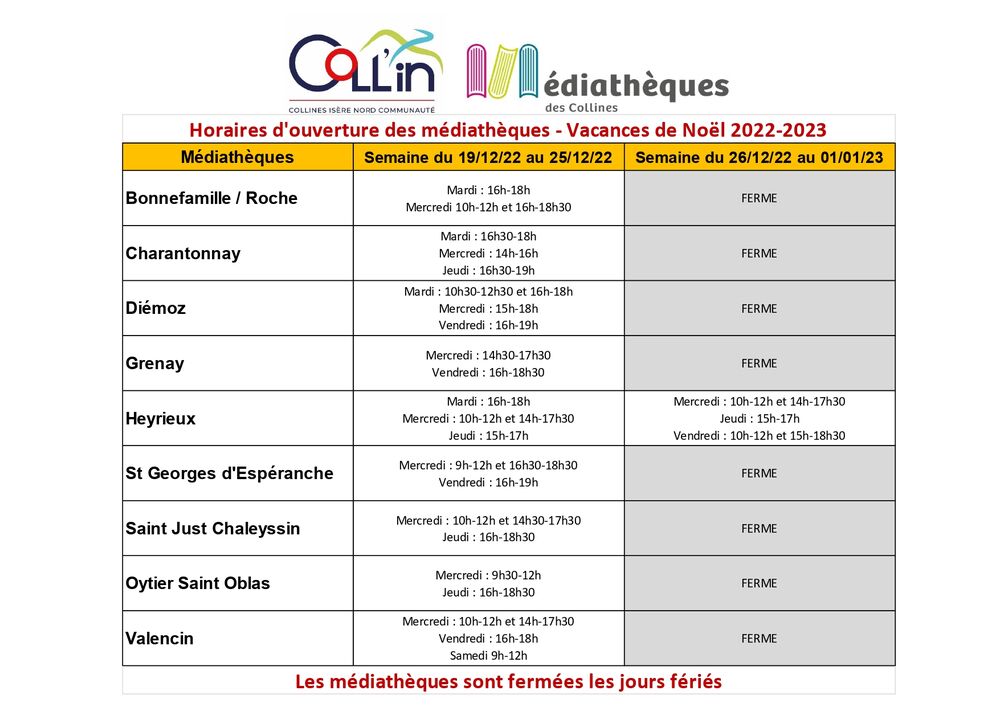 Horaires Médiathèques Vacances Noël