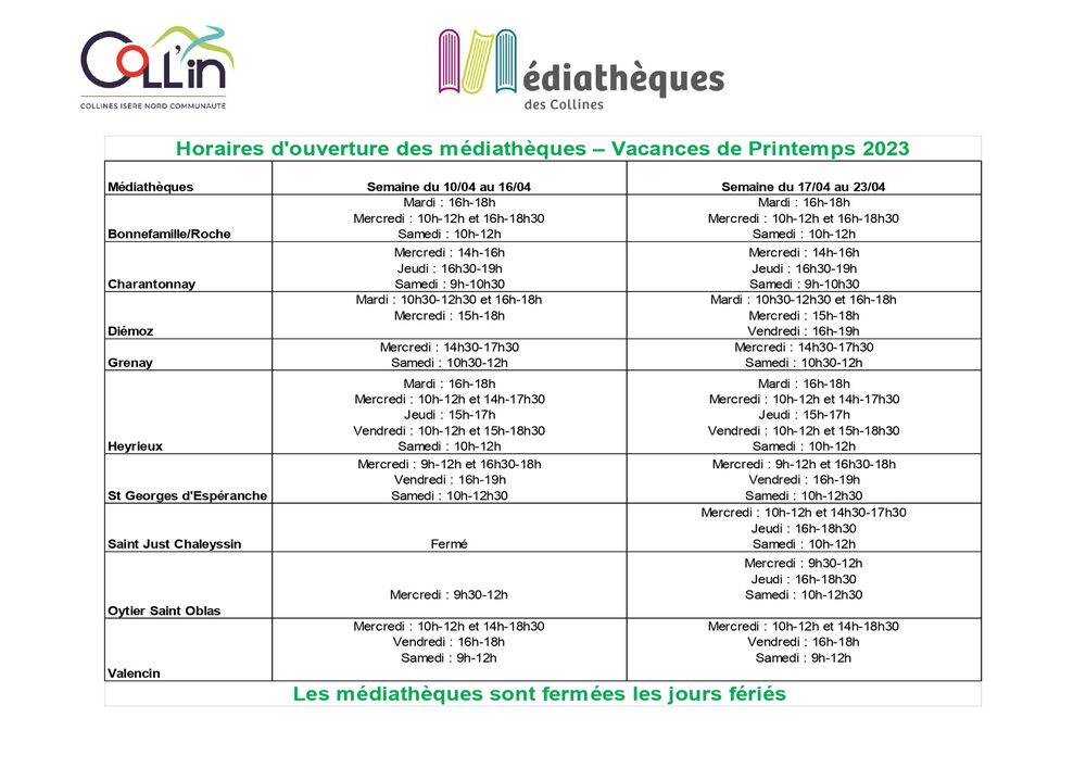 Horaires ouvertures médiathèques