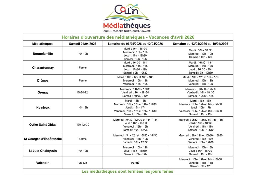 Ouverture des médiathèques - Vacances de printemps